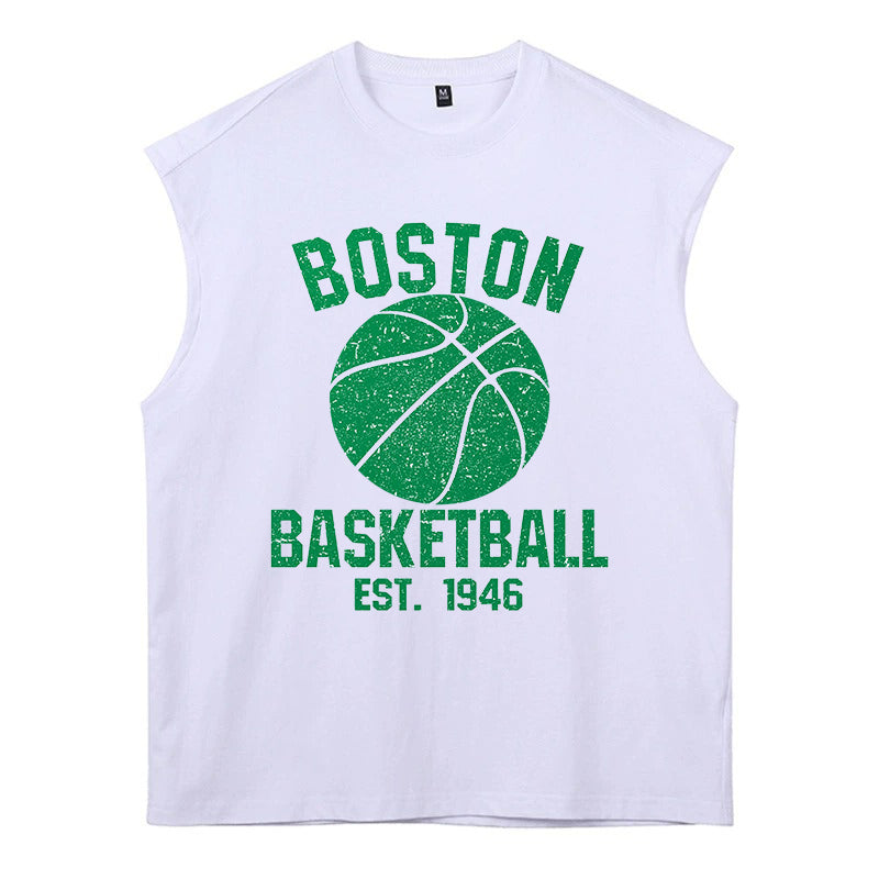 Boston Alphabet Graphic Print Loose Athleisure Men's Tank Top-B