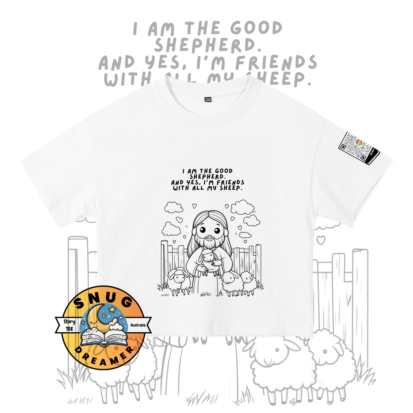 Jesus & Sheep Print Kids’ Christian QR Storytelling T-Shirt