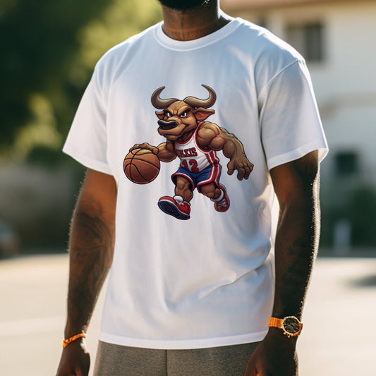 Dunking Bull Basketball T-Shirt Hoops Enthusiast Cartoon Bull Tee Big & Tall