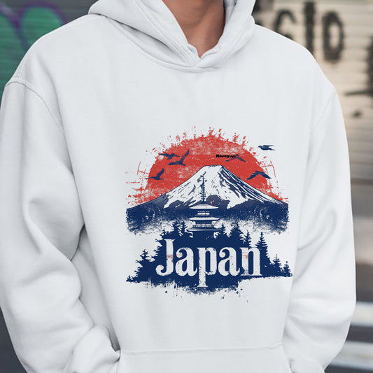 Japan Fuji Mountain Men's White Fleeced Hoodie