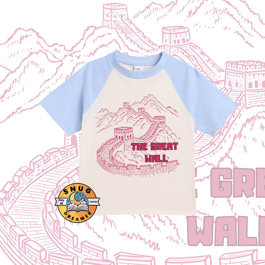 The Pink Color Great Wall Print Kids Reglan T-shirt- Scan to Listen Story