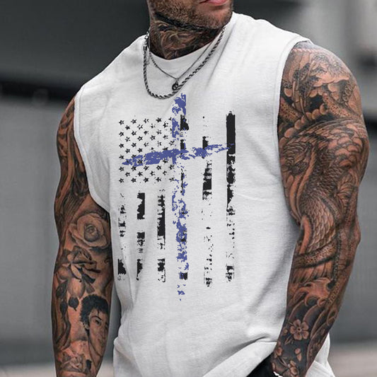 Vintage Distressed American Flag Print Men's Fashion Tank Top