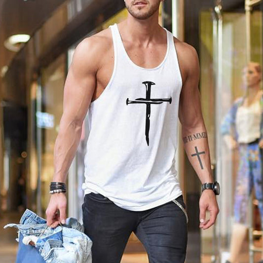 Men's Stylish Cross Printed Tank Tops-A