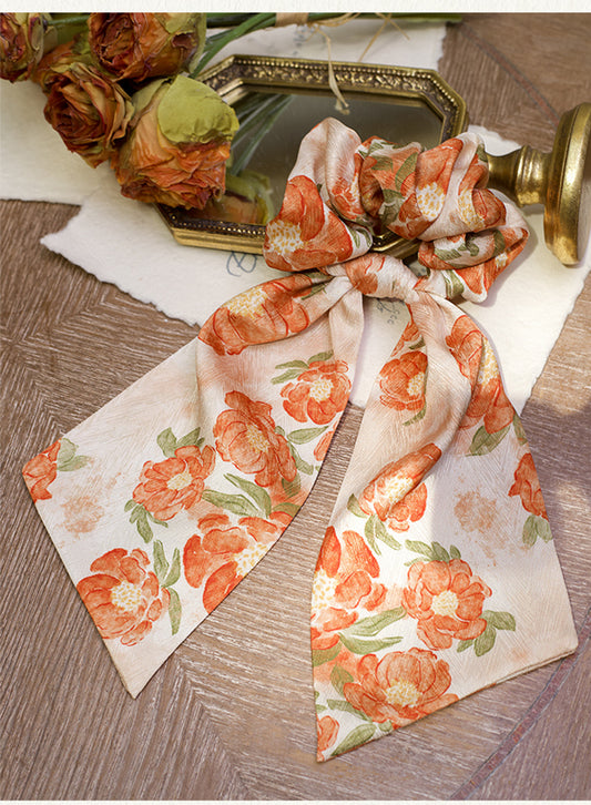 Orange Floral Print Satin Headband