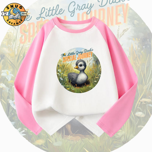 The Little Gray Duck Raglan QR Code Story Tee for Kids