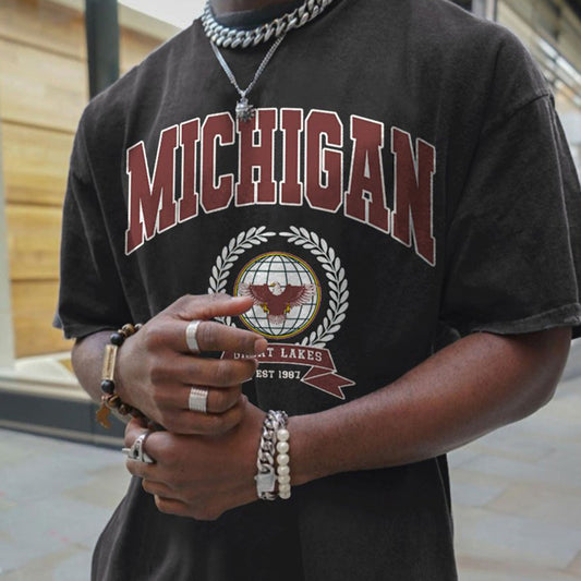 Michigan Letter Print Men's Loose Fit T-shirt