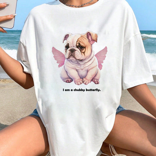 Chubby Butterfly Funny Bulldog Print Lady's Tee