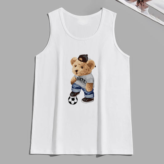 Teddy Bear Playing Soccer Printed Tank Top-A