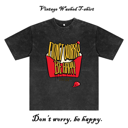 French Fries Inspirational Letter Print Washed Black Color Tee