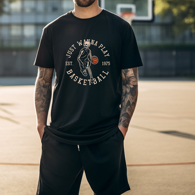 Men's Black Skull Print Basketball Lovers Big & Tall T-shirt