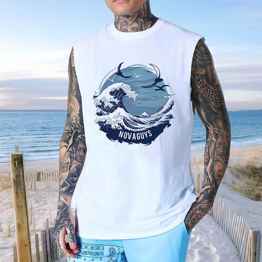 Ocean Wave Print Men's Cotton Tank Top
