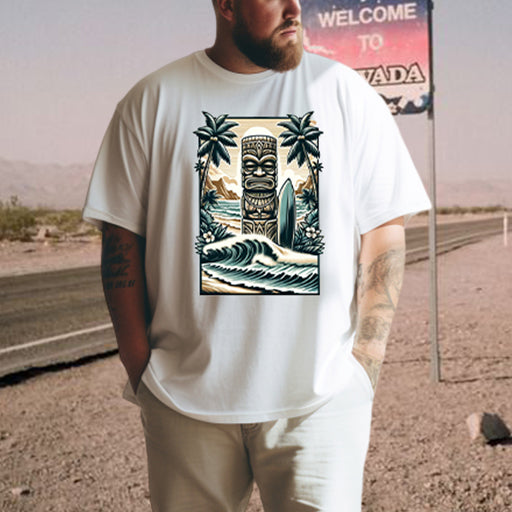 Tropical Beach Tiki Statue with Surfboard Men's Tee Big & Tall