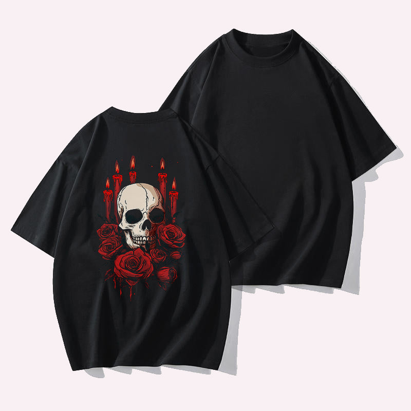 Skull and Red Roses Print Women's Black Tee