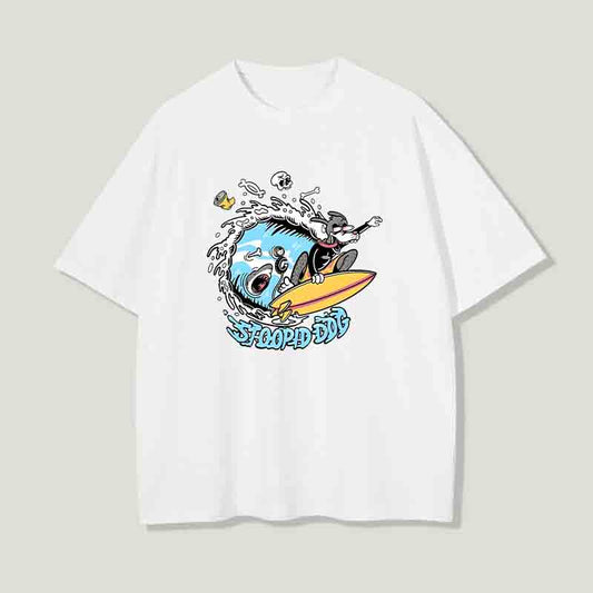 Ocean Wave Shark & Surfing Puppy Printed T-Shirt