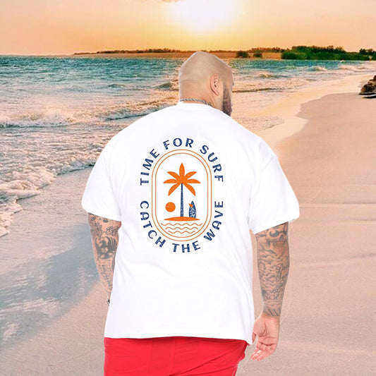 Palm Tree and Wave Print Men's White Tee Big & Tall
