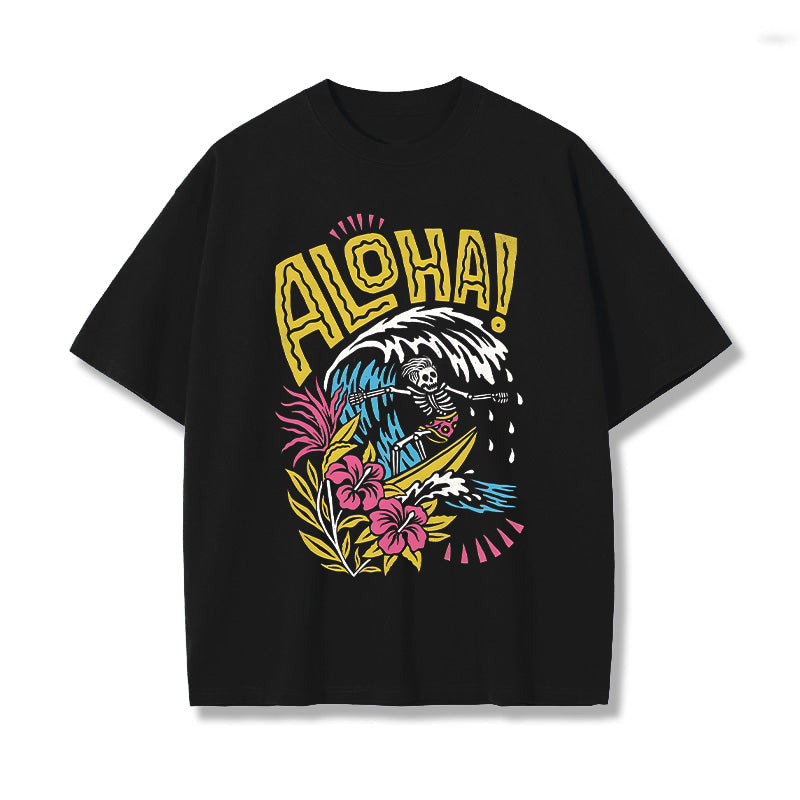 Skeleton Man Surfing Printed Tee, Aloha T-shirt Big & Tall