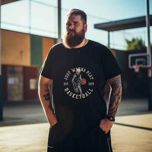 Men's Black Skull Print Basketball Lovers Big & Tall T-shirt