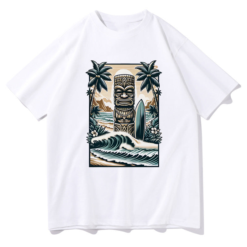 Tropical Beach Tiki Statue with Surfboard Men's Tee Big & Tall