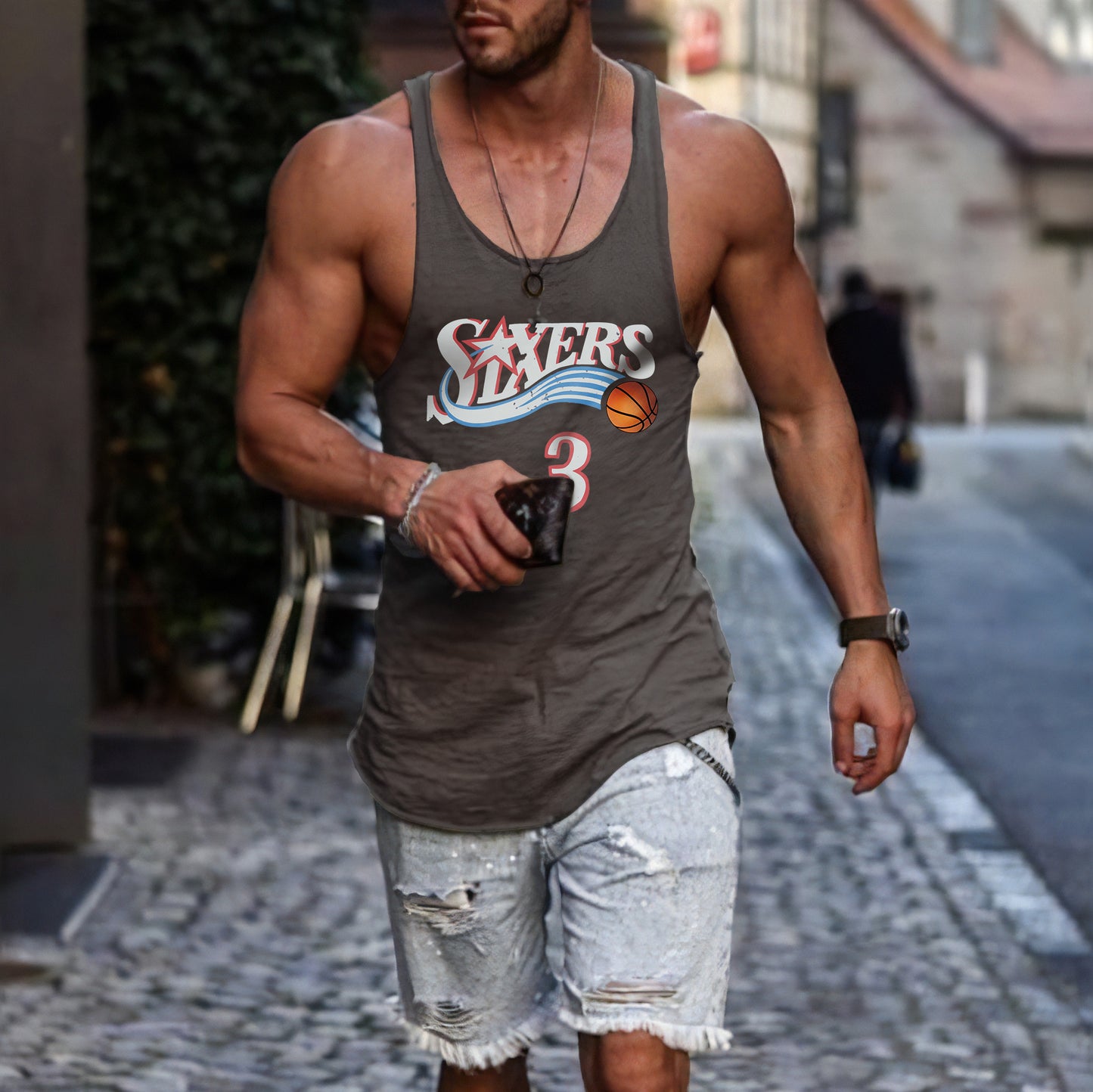 Basketball Alphabet Graphic Print Crew Neck Casual Tank Top-A