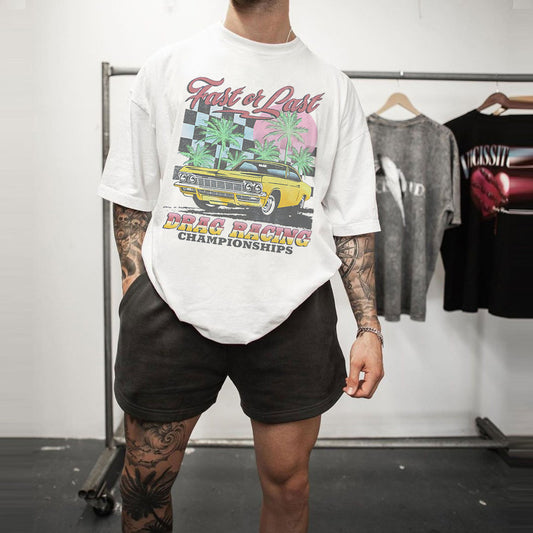 Checkerboard Car Graphic Casual Loose Short Sleeve Men's T-Shirt