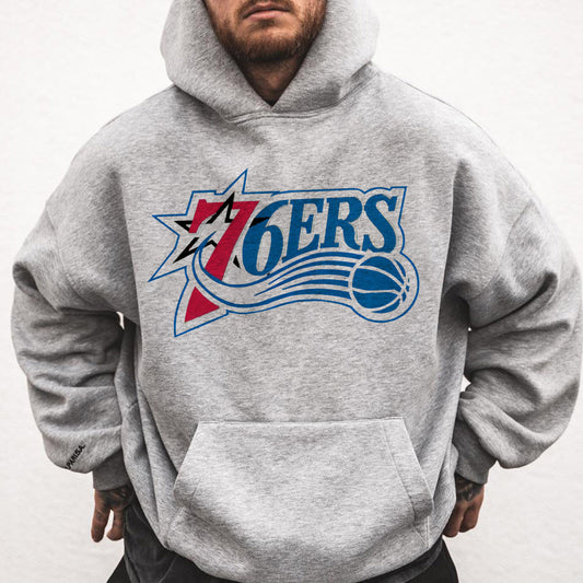 76ers Letter Print Men's Fleeced Gray Hoodie