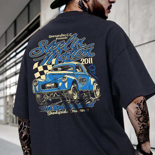 Checkerboard Graphic Racing Casual Loose Short Sleeve Men's T-Shirt