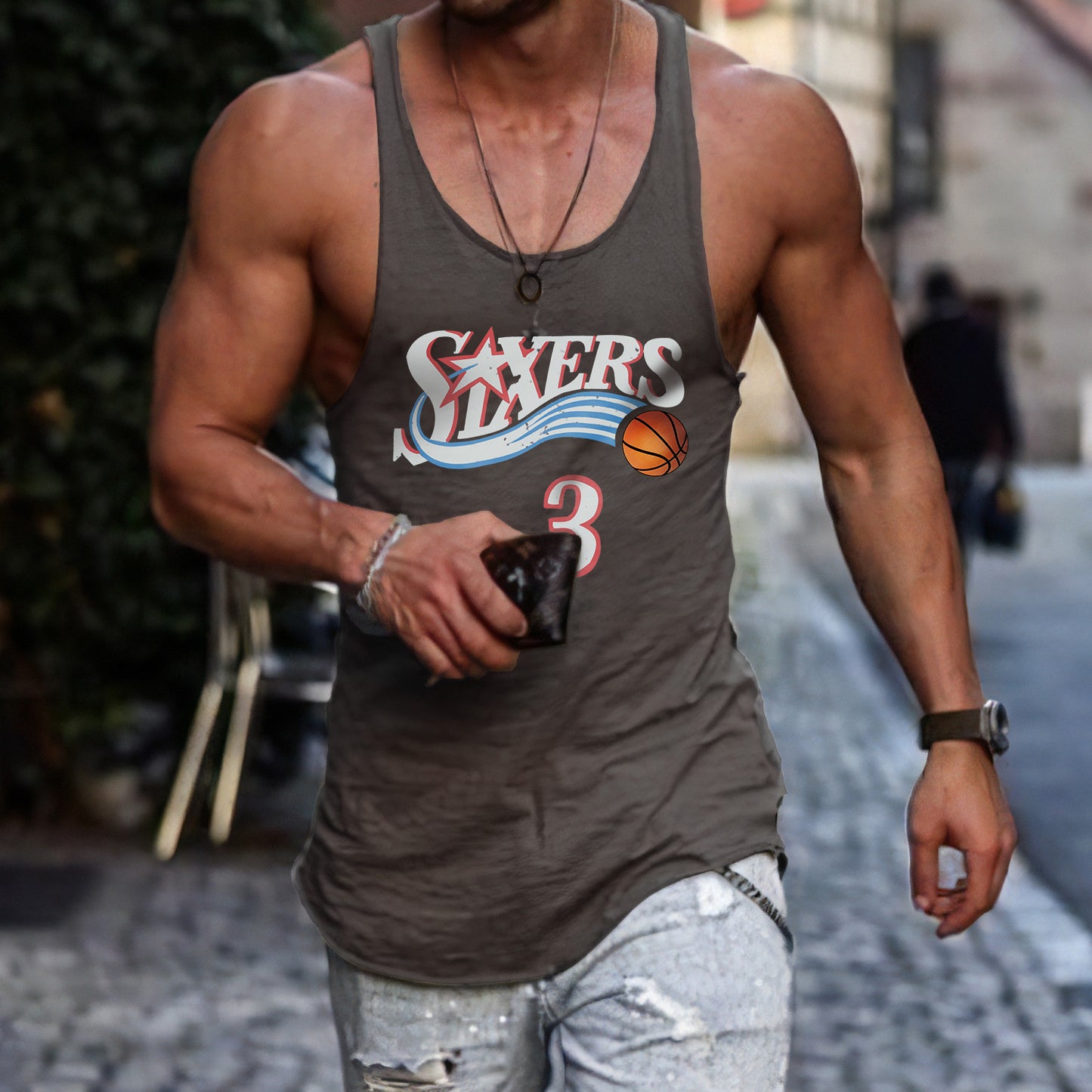 Basketball Alphabet Graphic Print Crew Neck Casual Tank Top-A