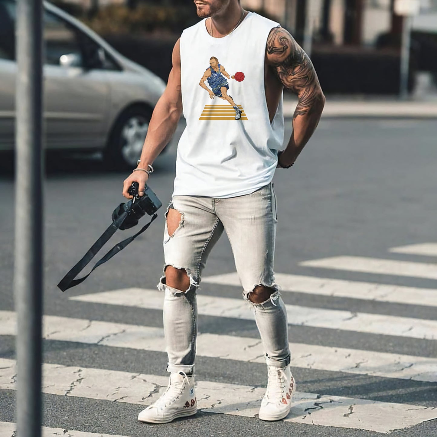 Whimsical Van Gogh Playing Basketball Men's White Tank Top