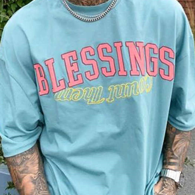 Blessings Letter Print Men's Short Sleeve Cotton T-shirt Multicolor