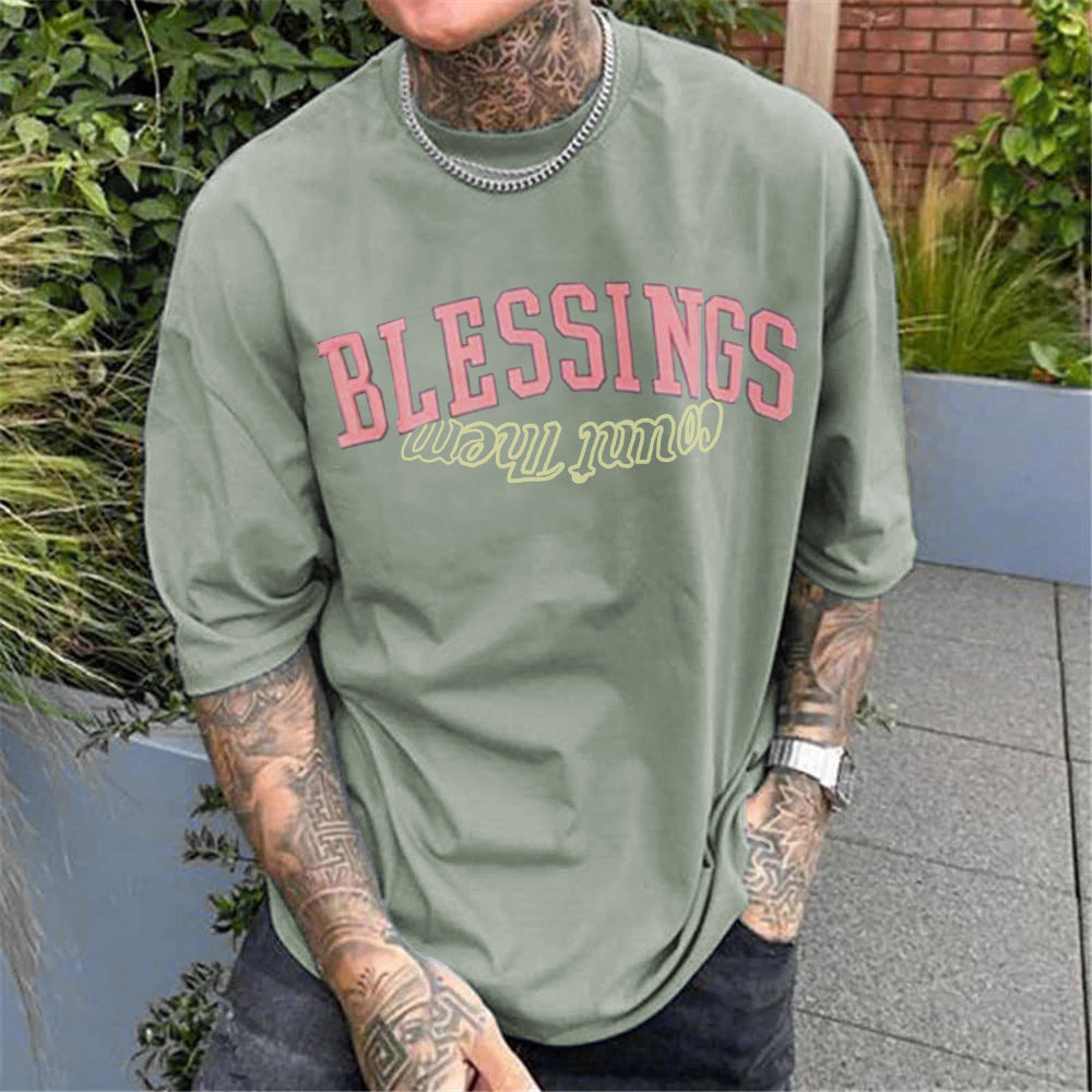Blessings Letter Print Men's Short Sleeve Cotton T-shirt Multicolor