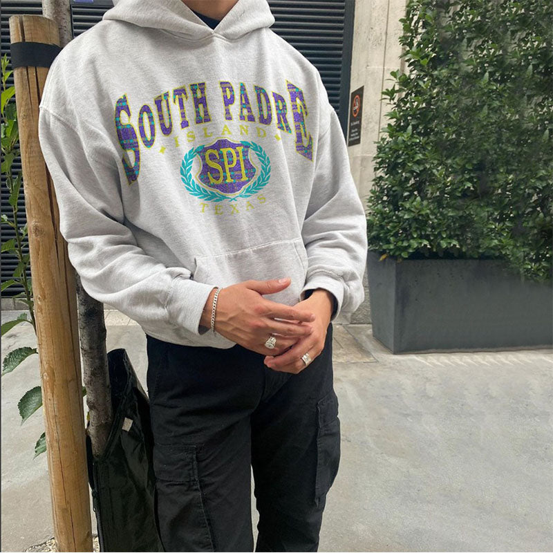 South Padre Island Print Men's Oversize Fleece Hoodie Grey 320g