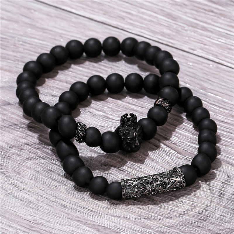 Fashion Men's Black Scrub Lion Head Stretch Bracelet