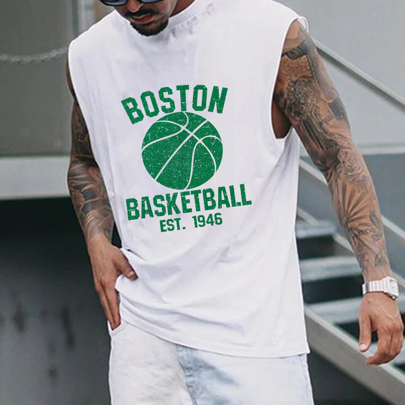 Boston Alphabet Graphic Print Loose Athleisure Men's Tank Top-B