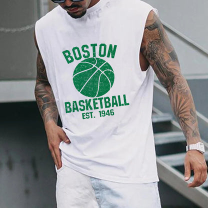 Boston Alphabet Graphic Print Loose Athleisure Men's Tank Top-B