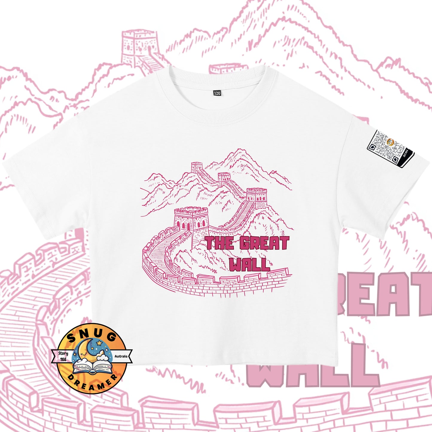 The Pink Color Great Wall Print Kids QR Code Story Tee
