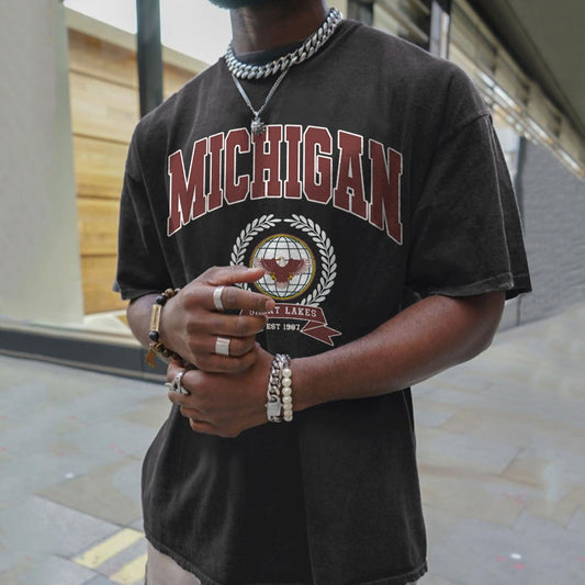Michigan Letter Print Men's Loose Fit T-shirt Big & Tall