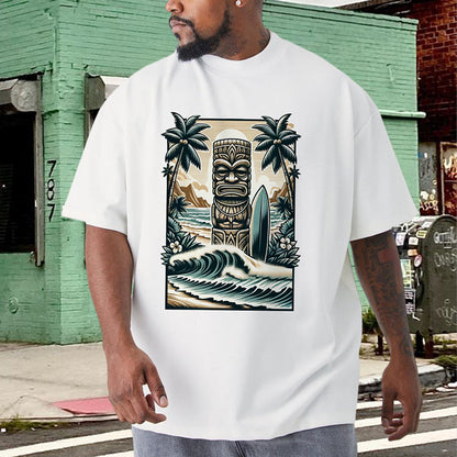 Tropical Beach Tiki Statue with Surfboard Men's Tee Big & Tall