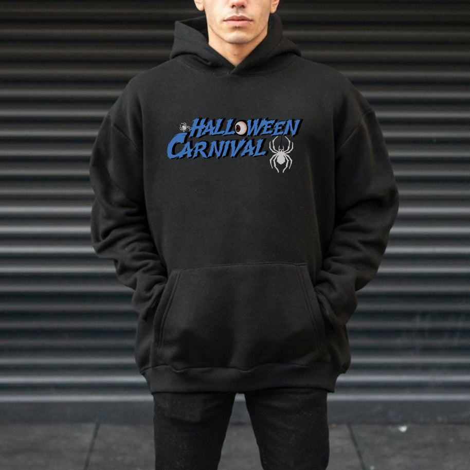 Halloween Spider Print Men's Black Fleeced Hoodie
