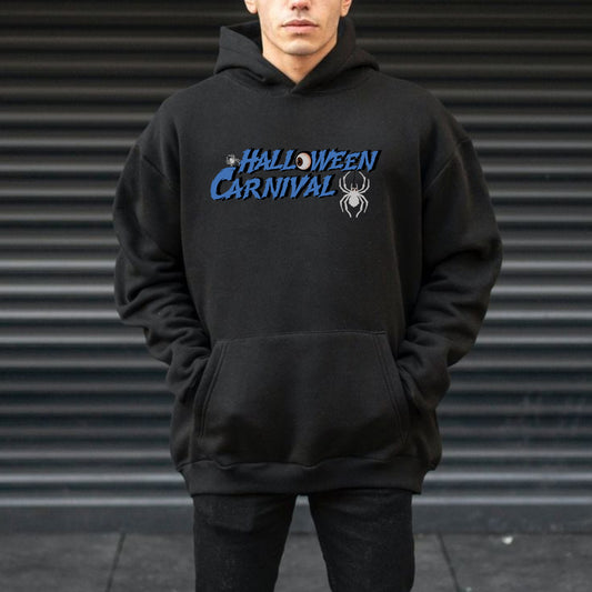 Halloween Spider Print Men's Black Fleeced Hoodie