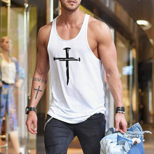 Men's Stylish Cross Printed Tank Tops-A