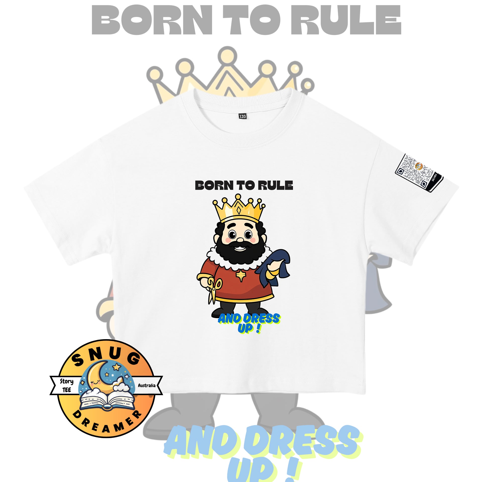 Children’s Storytime T-Shirt from Snugdreamer featuring “The Emperor’s New Clothes” design with QR code for story access – 100% cotton, suitable for ages 4–10.