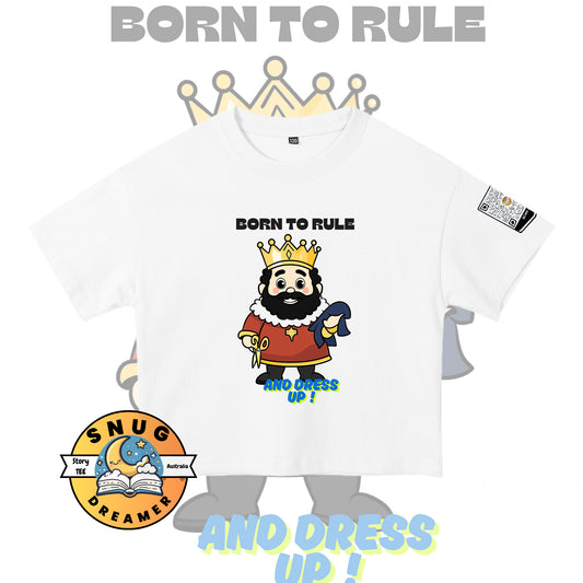 Children’s Storytime T-Shirt from Snugdreamer featuring “The Emperor’s New Clothes” design with QR code for story access – 100% cotton, suitable for ages 4–10.