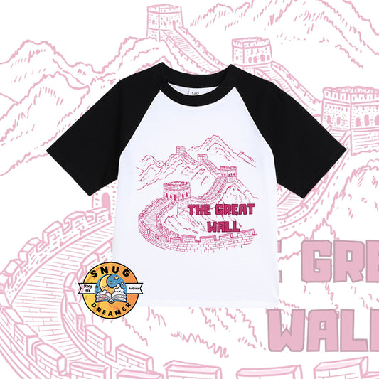 The Pink Color Great Wall Print Kids Reglan T-shirt- Scan to Listen Story