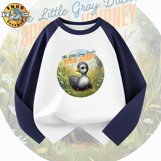 The Little Gray Duck Raglan QR Code Story Tee for Kids