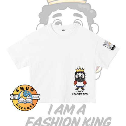Children’s T-Shirt featuring “The Emperor’s New Clothes” design with QR code for story access – 100% cotton, suitable for ages 4–10.