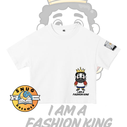 Children’s T-Shirt featuring “The Emperor’s New Clothes” design with QR code for story access – 100% cotton, suitable for ages 4–10.