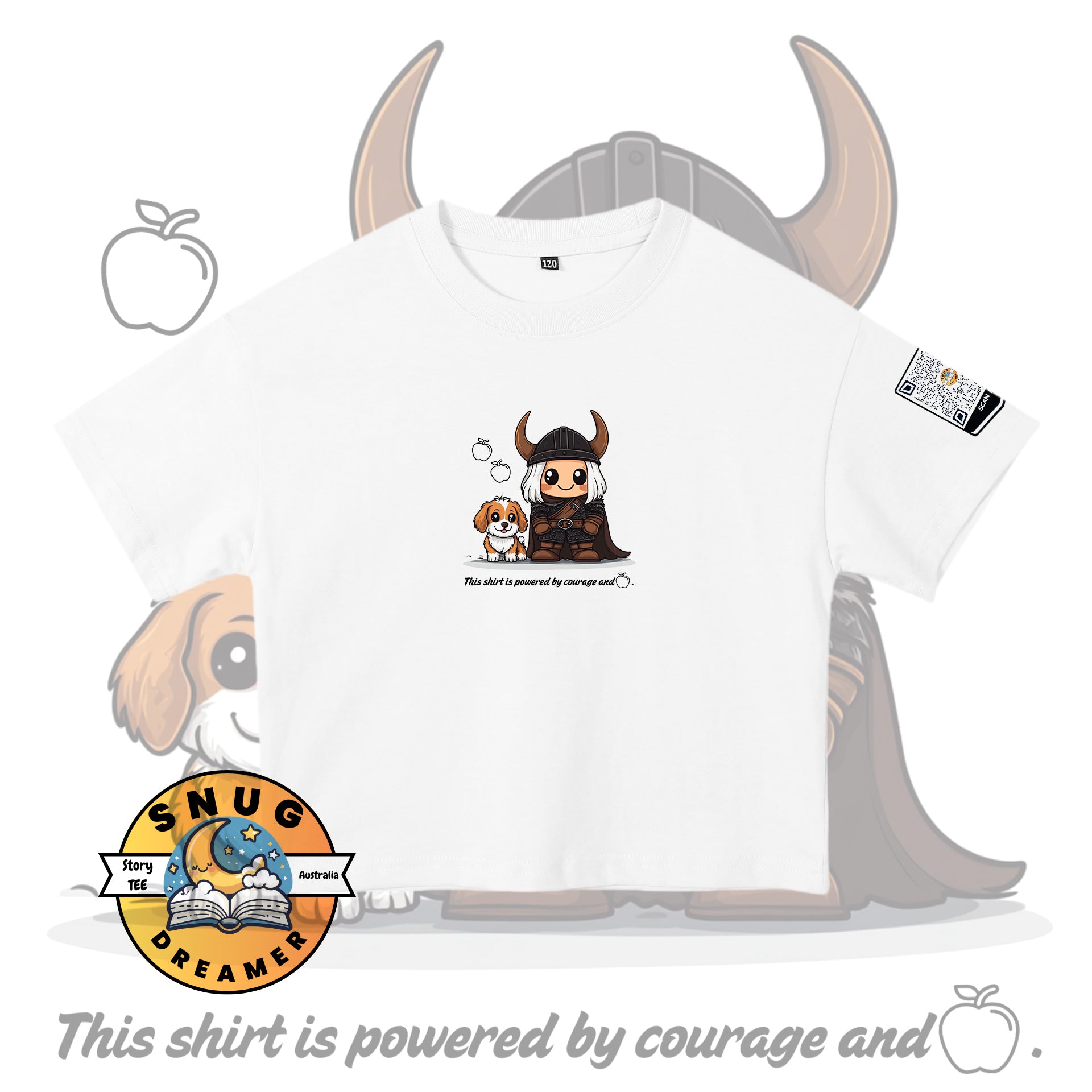 Interactive bedtime story shirt with courage and apple design
