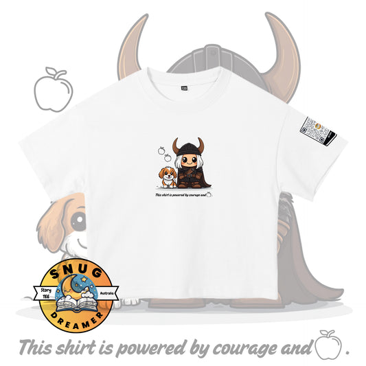 Interactive bedtime story shirt with courage and apple design
