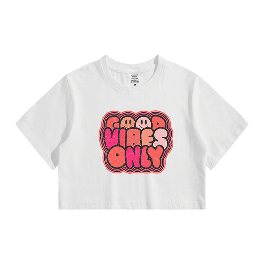 Lady's Good Vibes Cute Letter Print Crop Tee