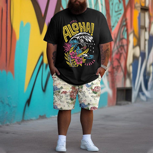 Skeleton Man Surfing Printed Tee, Aloha T-shirt Big & Tall
